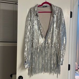Sequin fringe button up